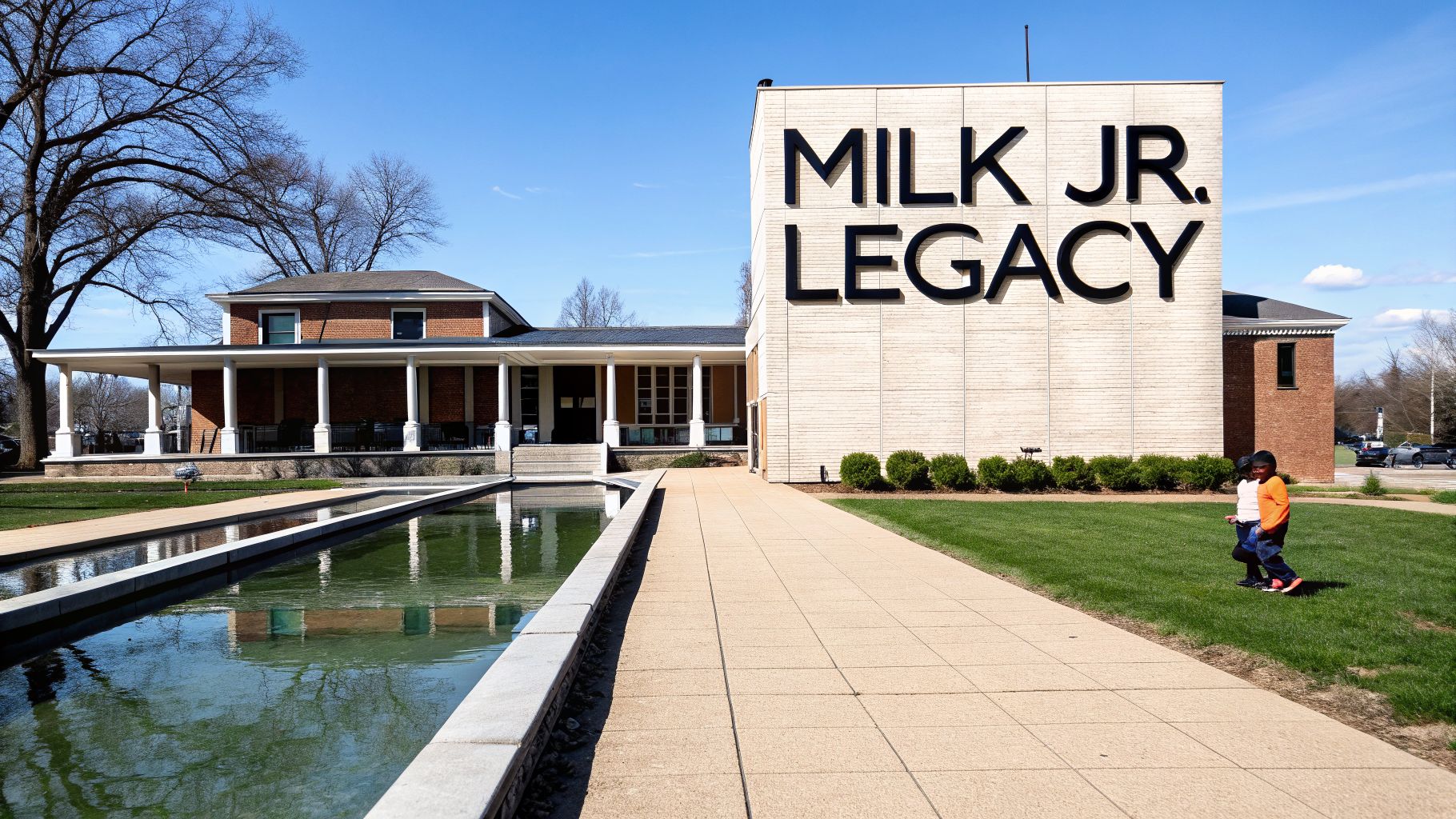The MLK Jr. Legacy building with a reflecting pool, historic house, and children on a sunny day.