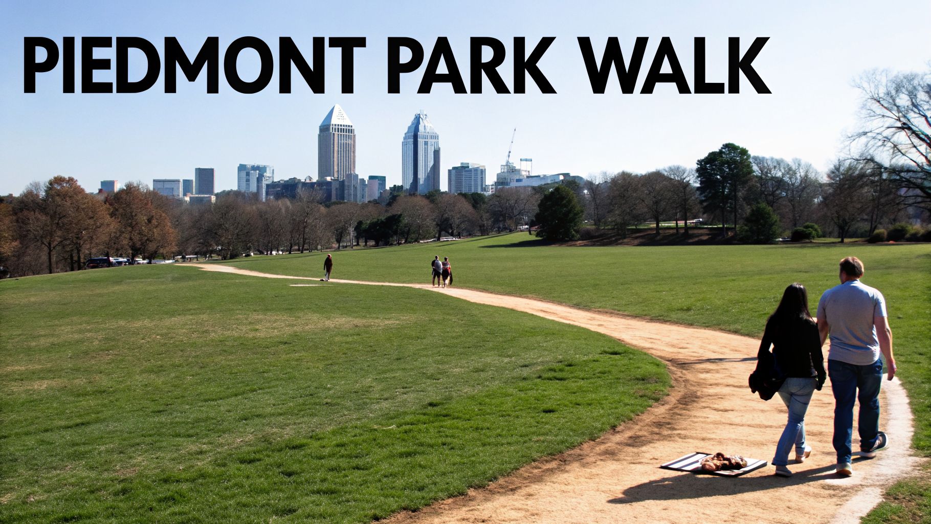 A scenic view of Piedmont Park with people walking on a path and Atlanta's skyline in the background.