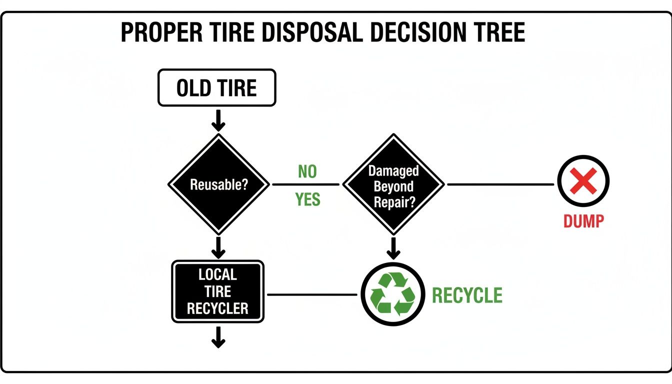 A decision tree flowchart illustrating proper disposal methods for old tires based on reusability and damage.