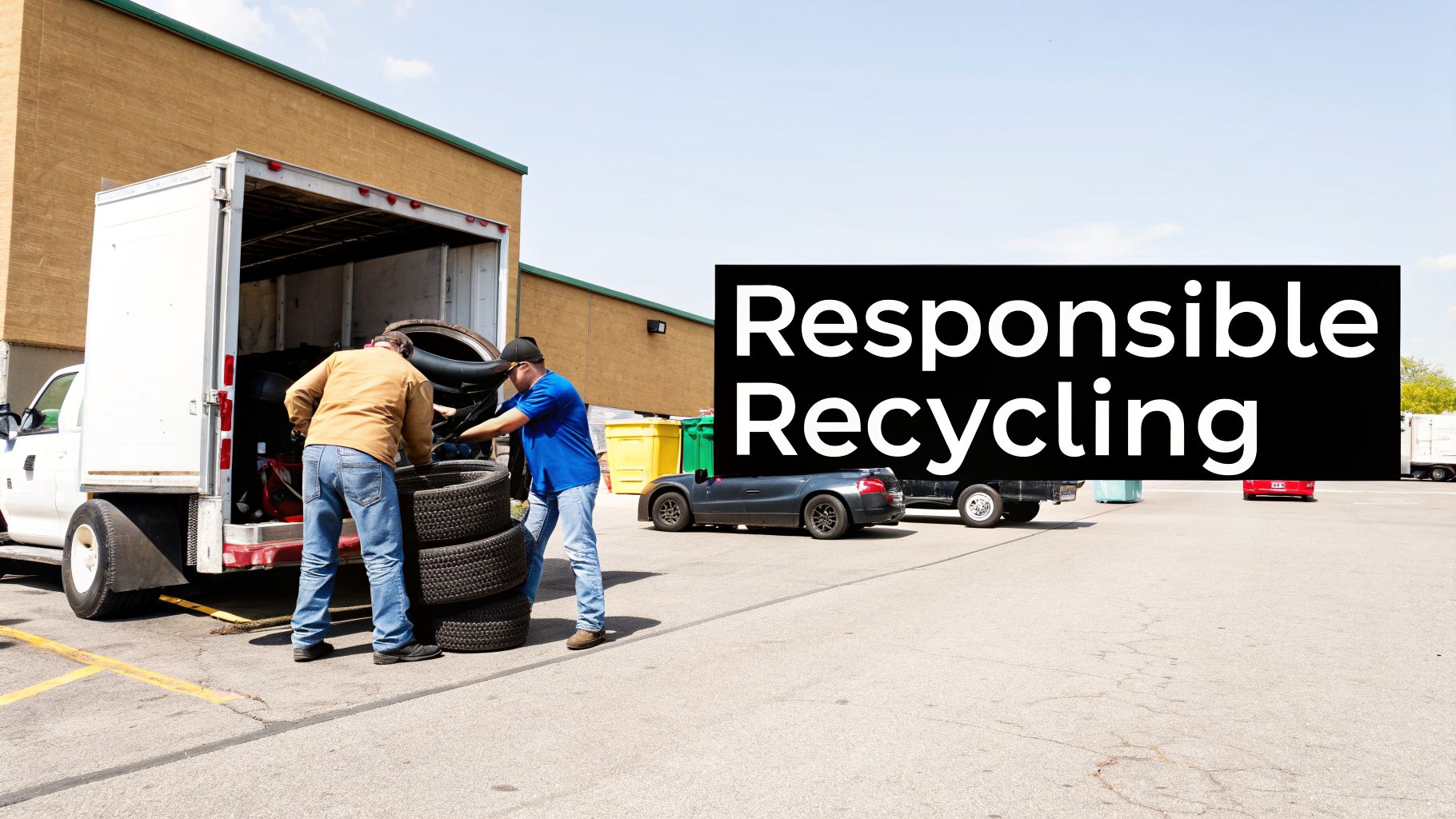 Two men loading old tires into the back of a white truck for responsible recycling.