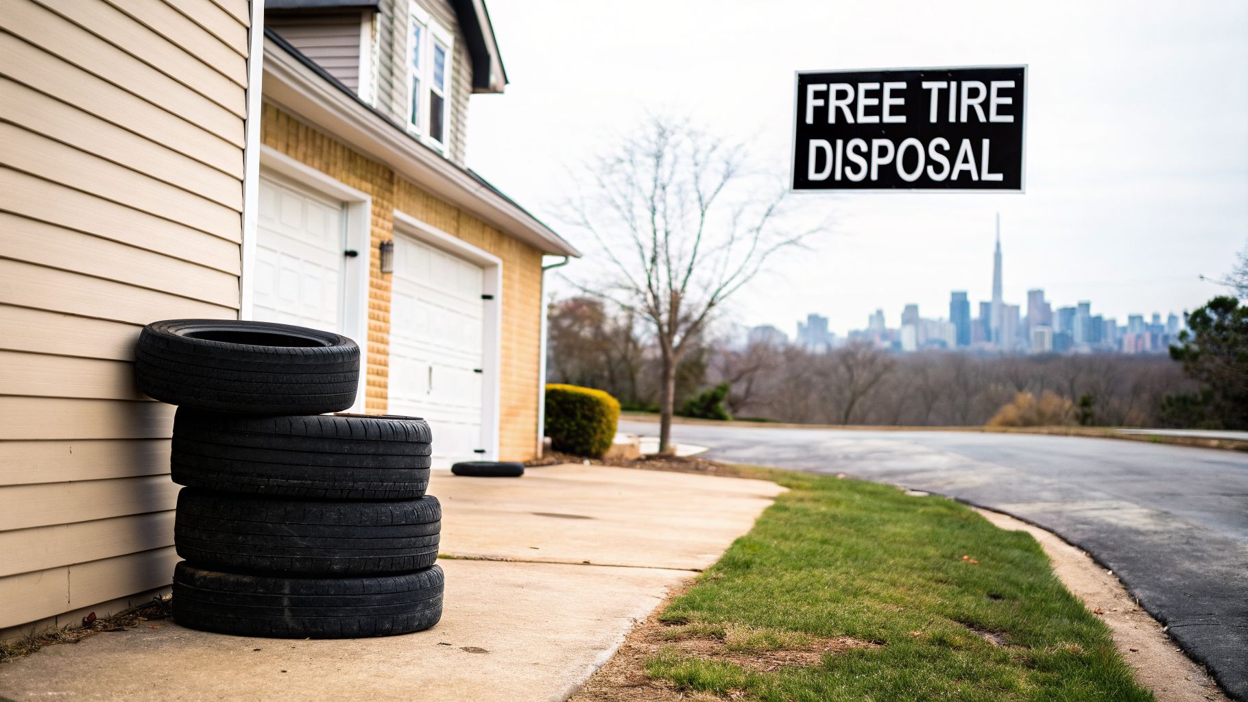 A stack of old tires outside a suburban home with a 'FREE TIRE DISPOSAL' sign.