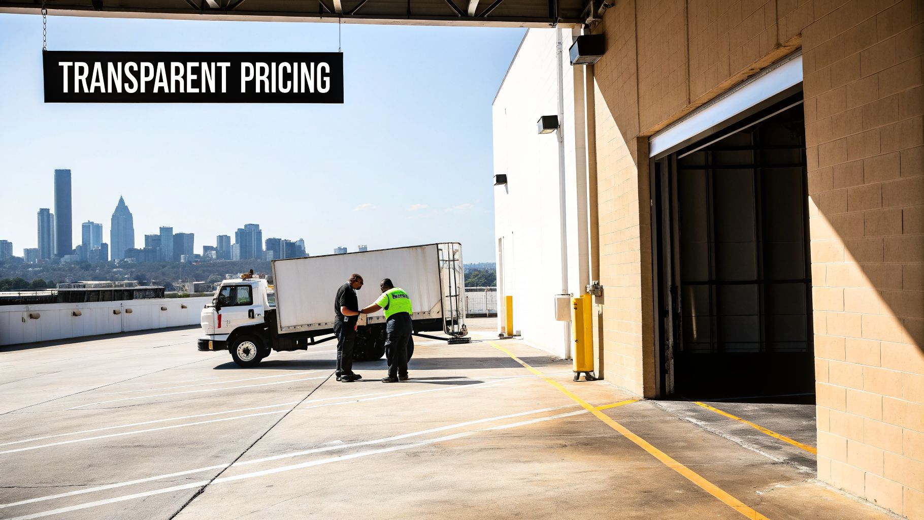 Two men discuss logistics by a truck at a loading dock with a city backdrop and 'Transparent Pricing' sign.
