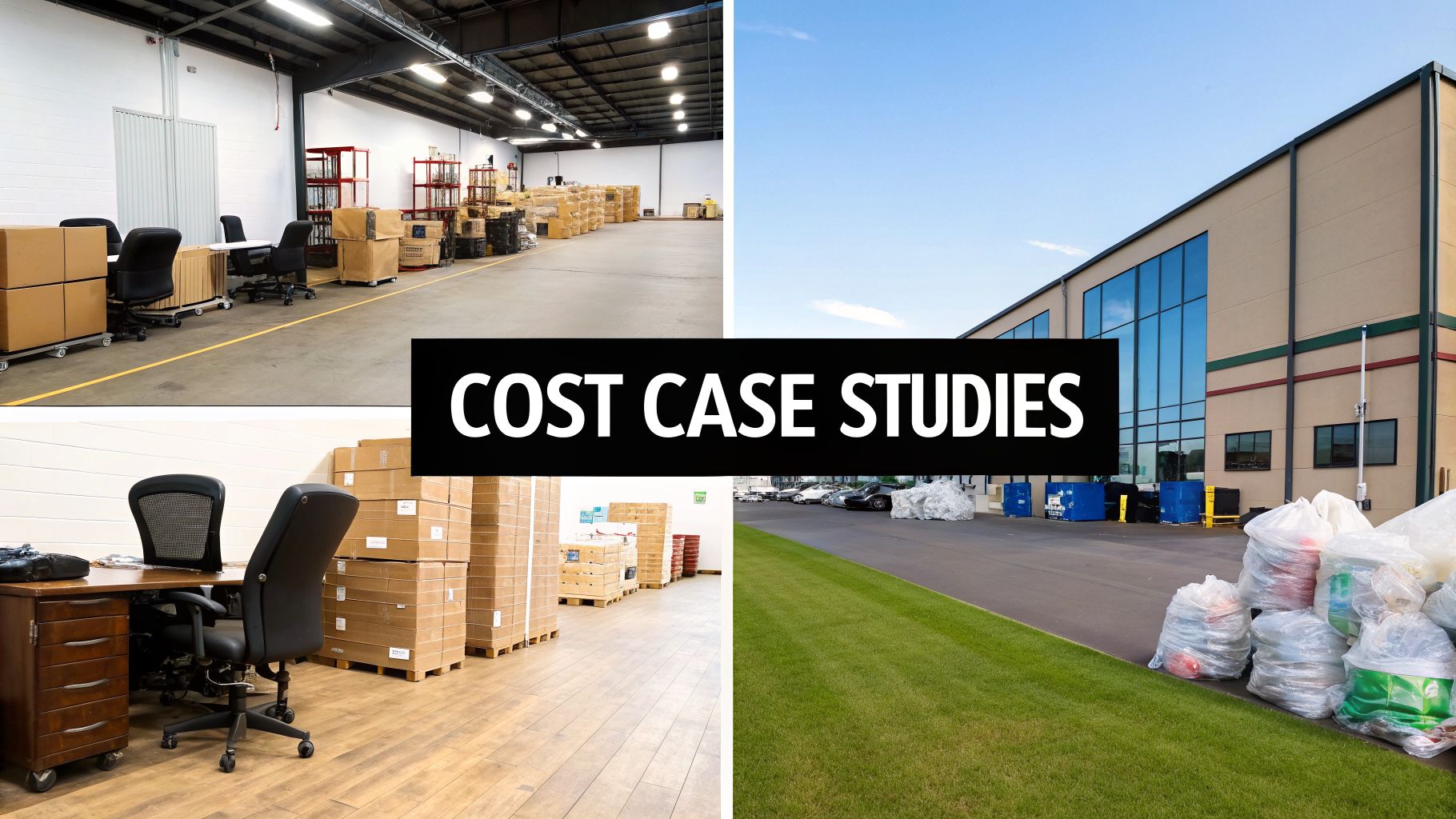 A collage displaying an industrial warehouse, office area, commercial building exterior, and bags of waste.