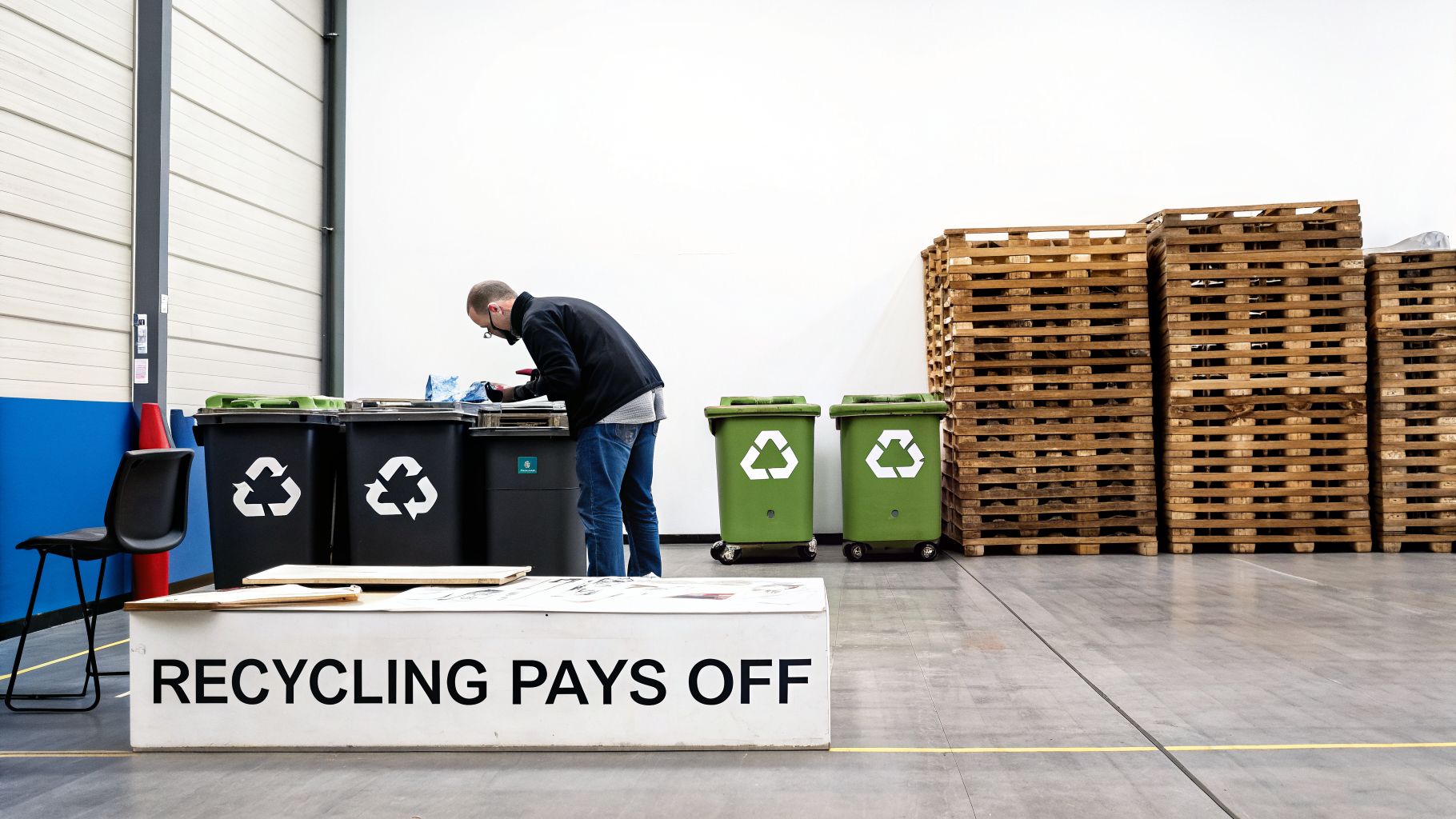 A man sorts items into recycling bins in a warehouse with a "RECYCLING PAYS OFF" sign.