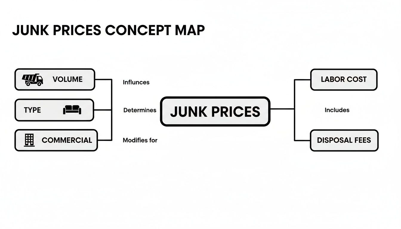 A concept map illustrating factors influencing junk prices, including volume, type, commercial, labor cost, and disposal fees.