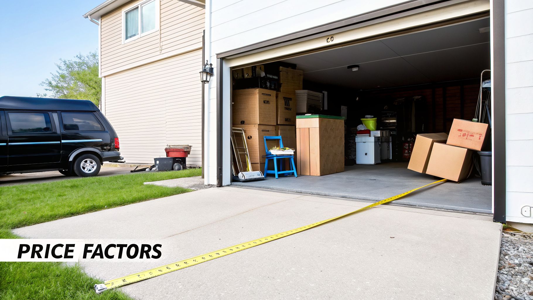 A garage packed with moving boxes and other items, with a measuring tape on the driveway, hinting at junk removal price factors.