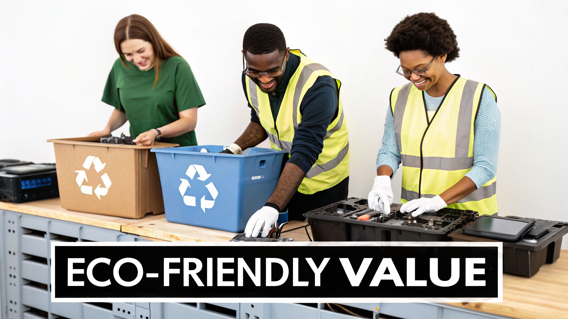Diverse team joyfully sorts electronics into recycling bins, promoting eco-friendly waste management.