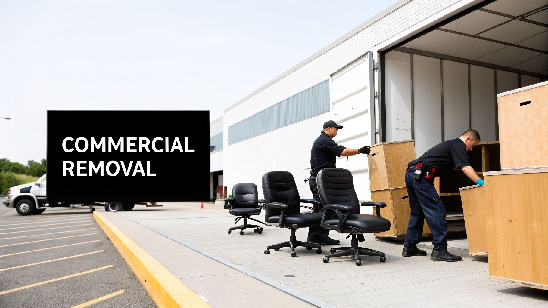 Movers loading commercial office furniture and boxes into a white truck at a loading dock.