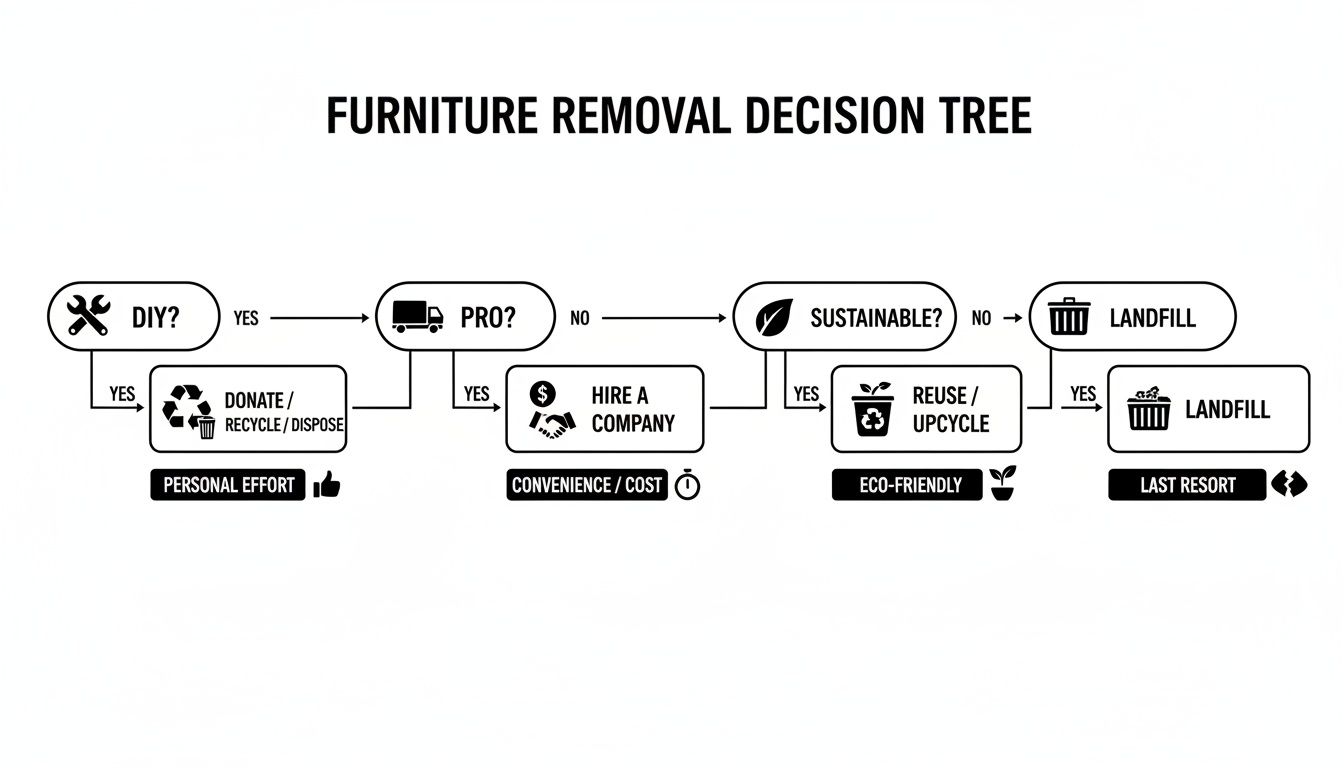 A furniture removal decision tree flowchart, guiding options from DIY to professional services and sustainable disposal.