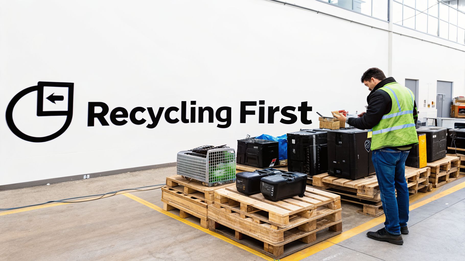 A worker in a high-vis vest sorts electronics on pallets in a warehouse with a 'Recycling First' sign.