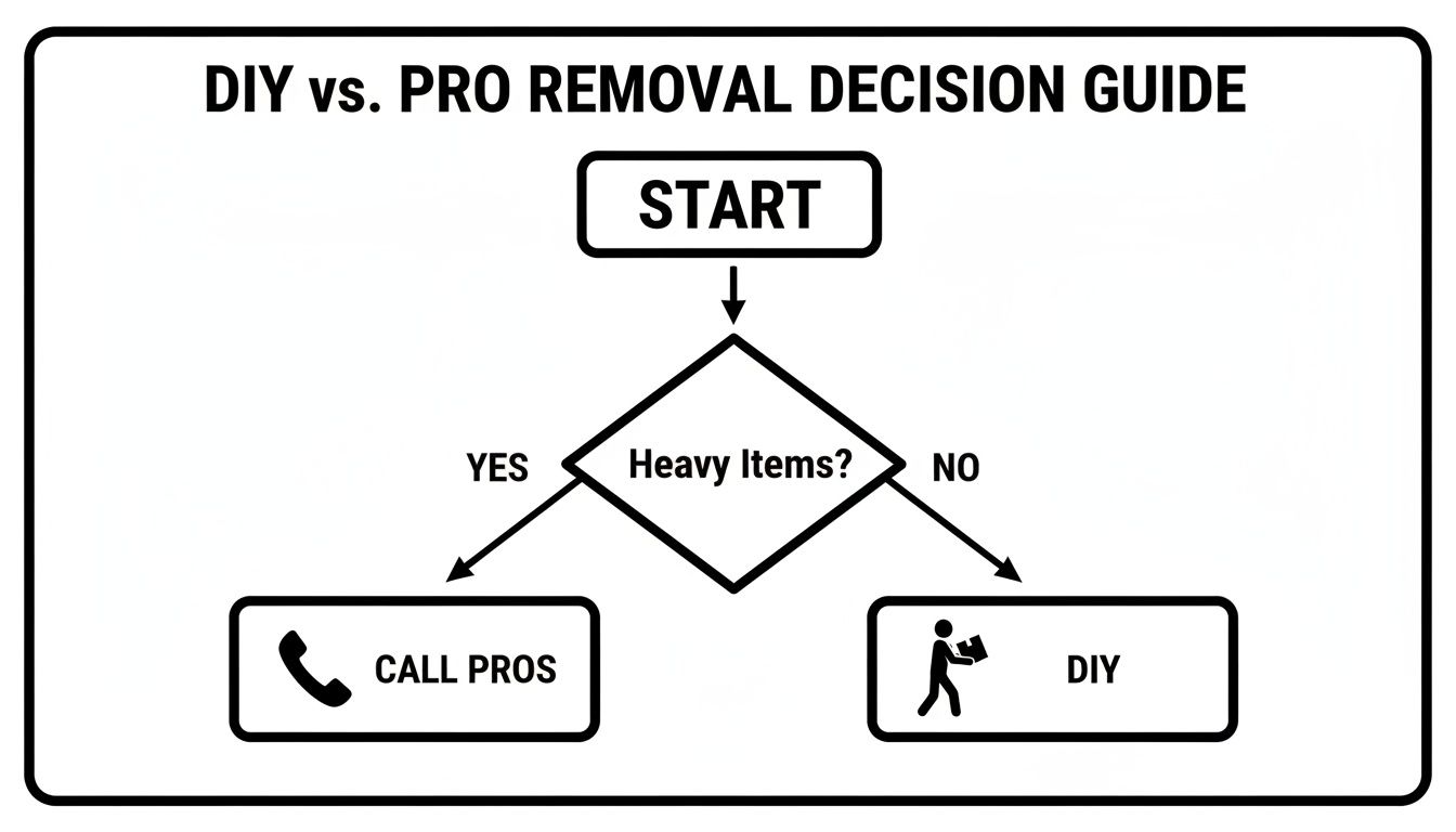 Flowchart guiding the decision between DIY and professional removal based on whether items are heavy.