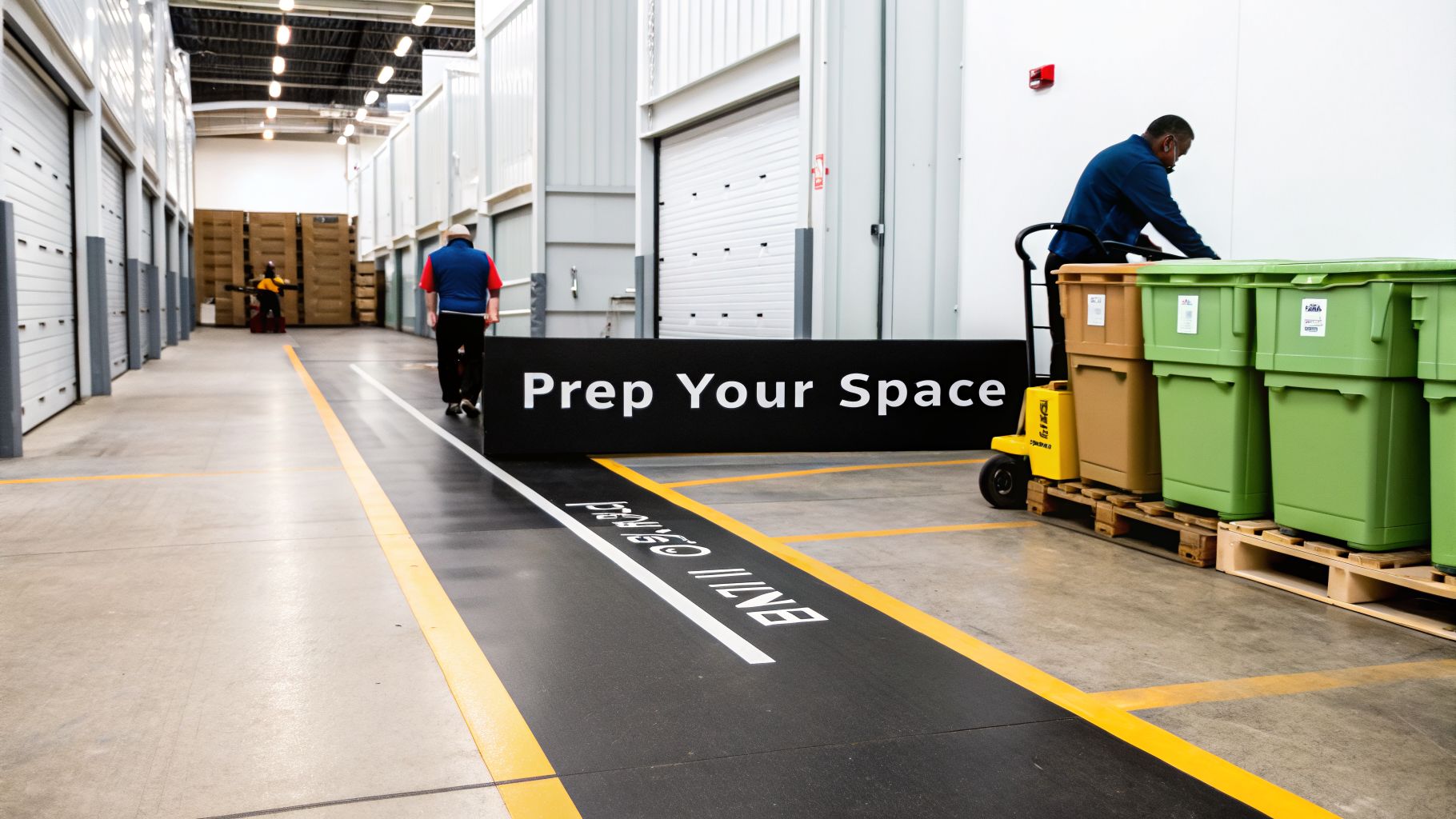 Warehouse workers move heavy storage bins and boxes along an aisle with a 'Prep Your Space' sign.