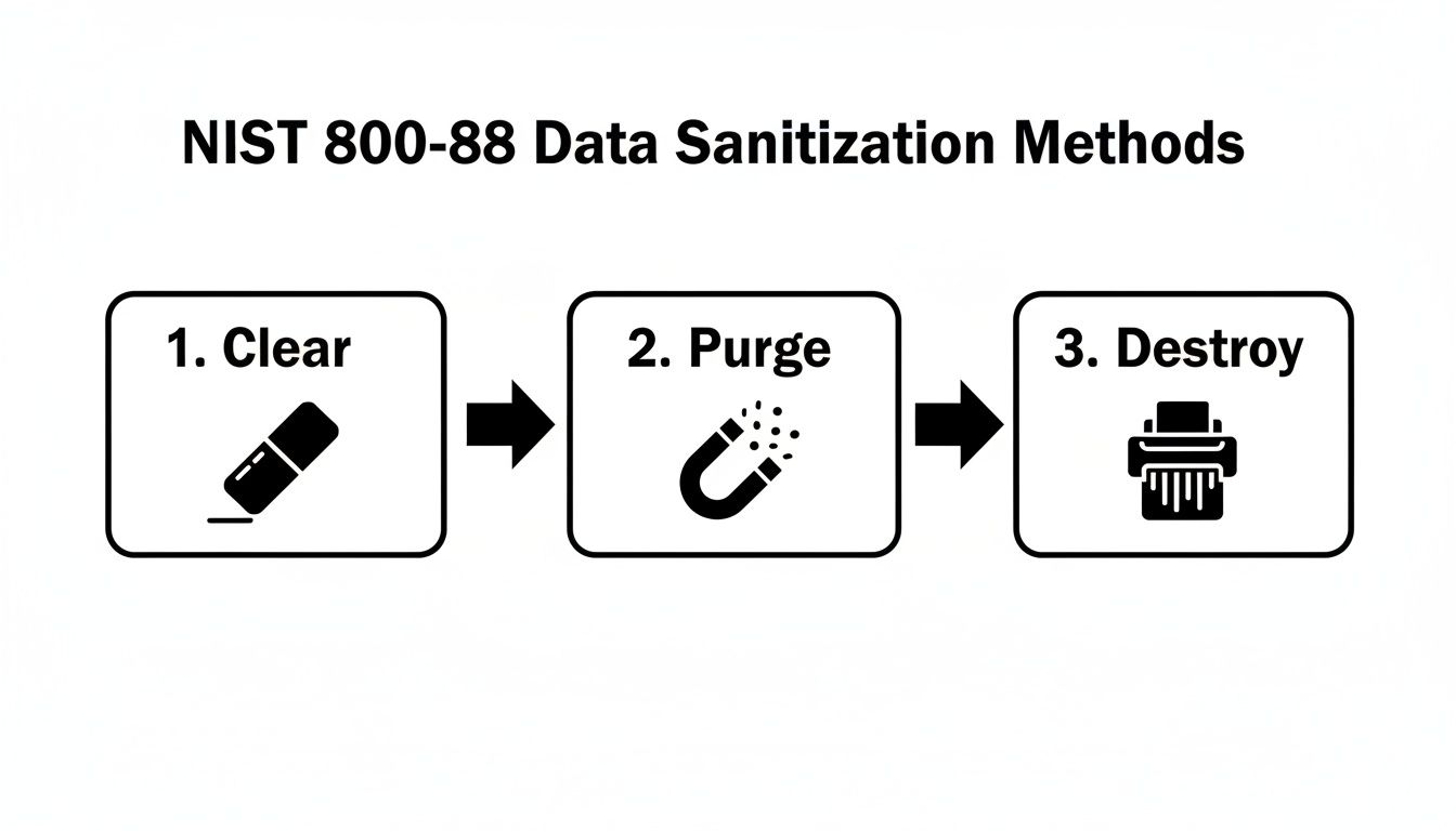 Diagram illustrating NIST 800-88 data sanitization methods: Clear, Purge, and Destroy.