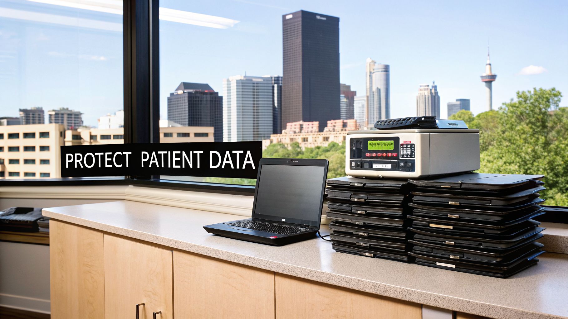 A desk with a laptop, medical device, and stacked electronics overlooking a city skyline, with a sign: PROTECT PATIENT DATA.