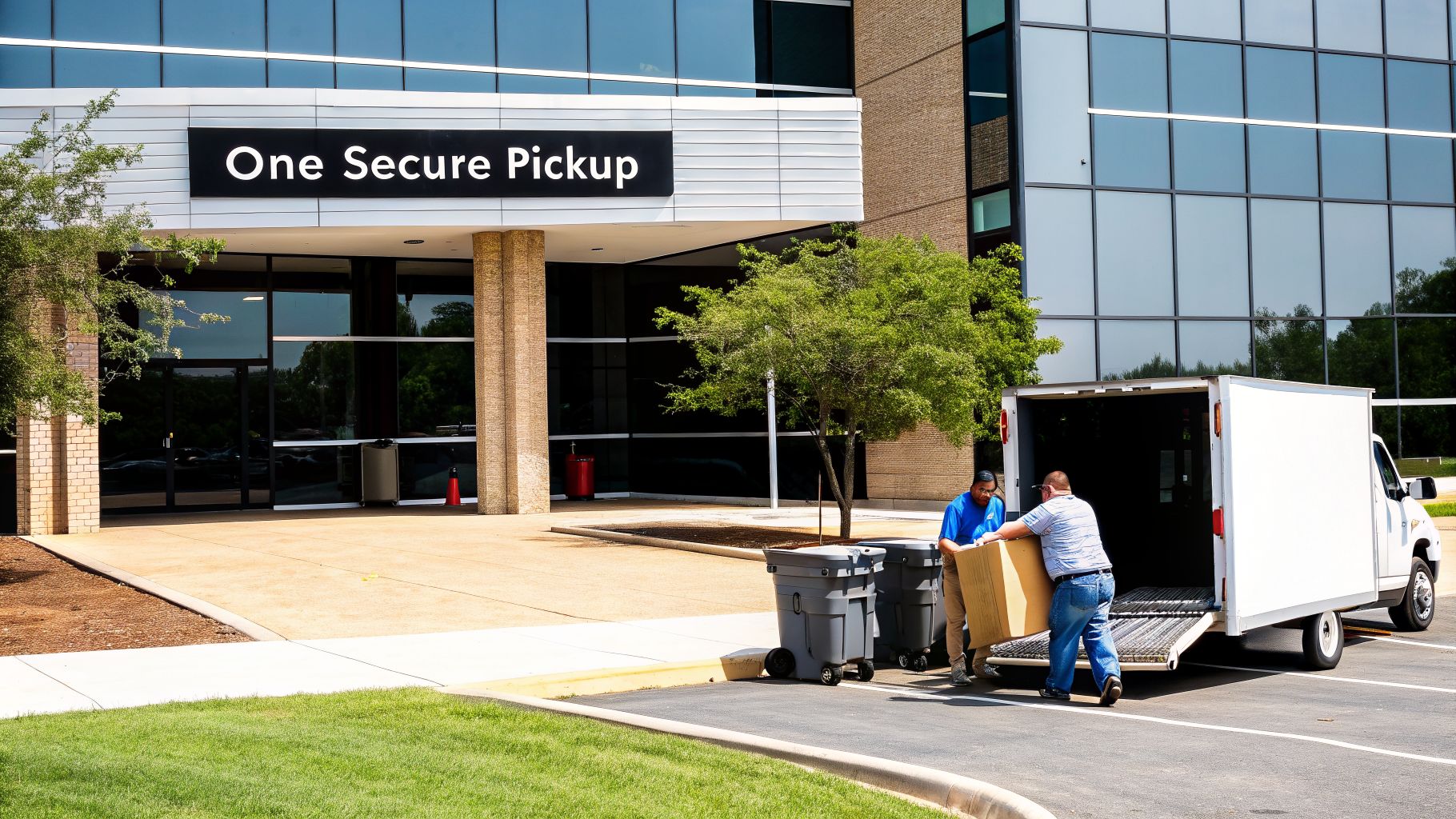 Two men load a large cardboard box into a white moving truck at a secure pickup location.