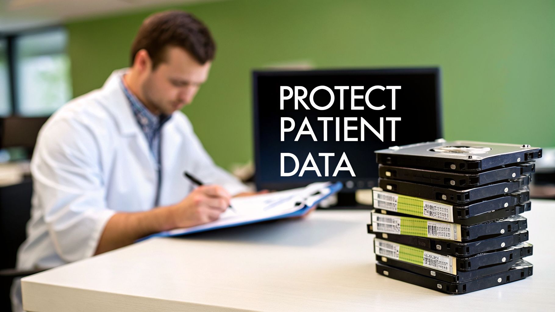 A medical professional protects patient data on screen, with a stack of hard drives on a desk.