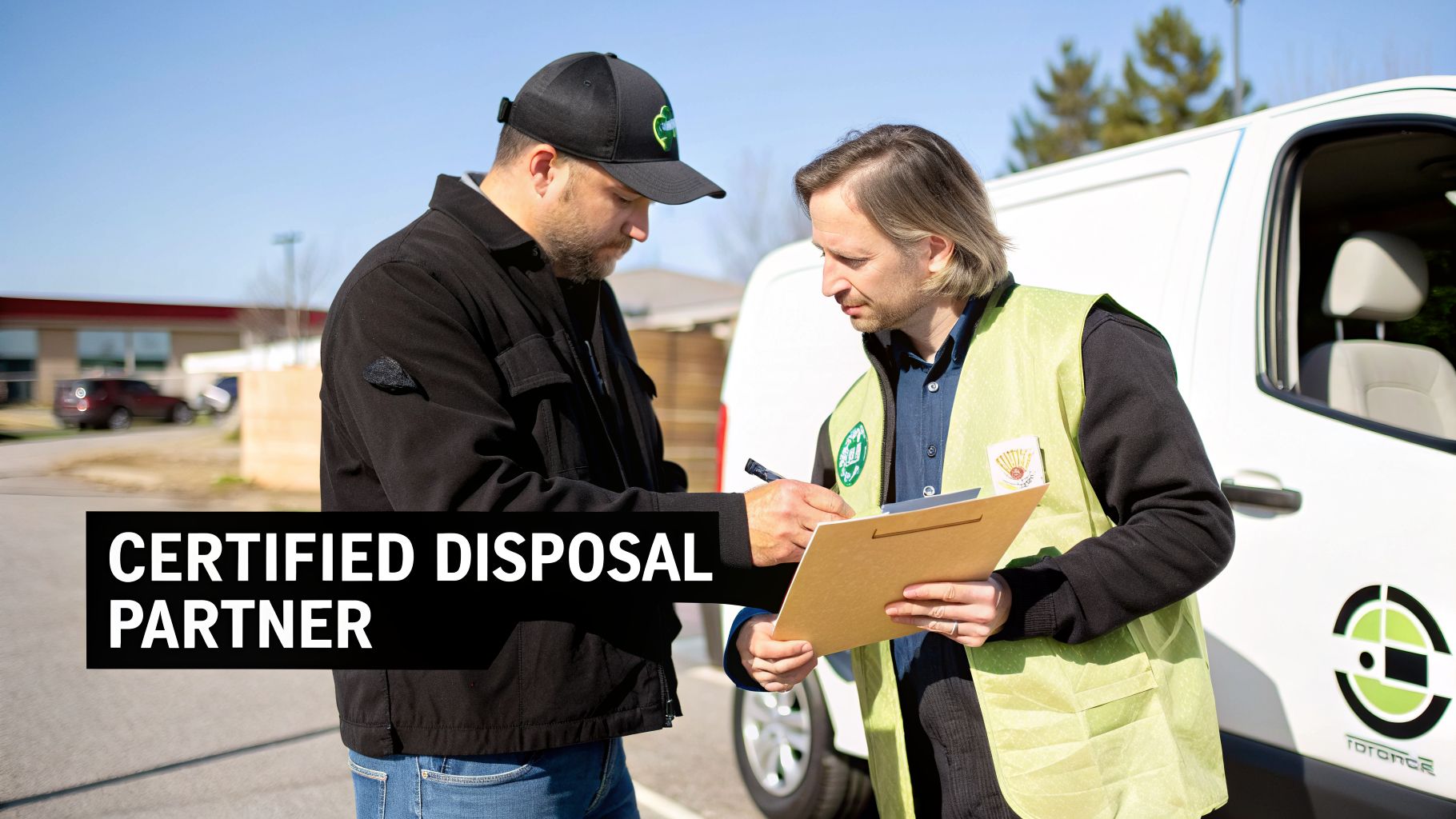 Two men, one in a baseball cap signing a document held by a man in a safety vest, symbolizing a certified disposal partnership.