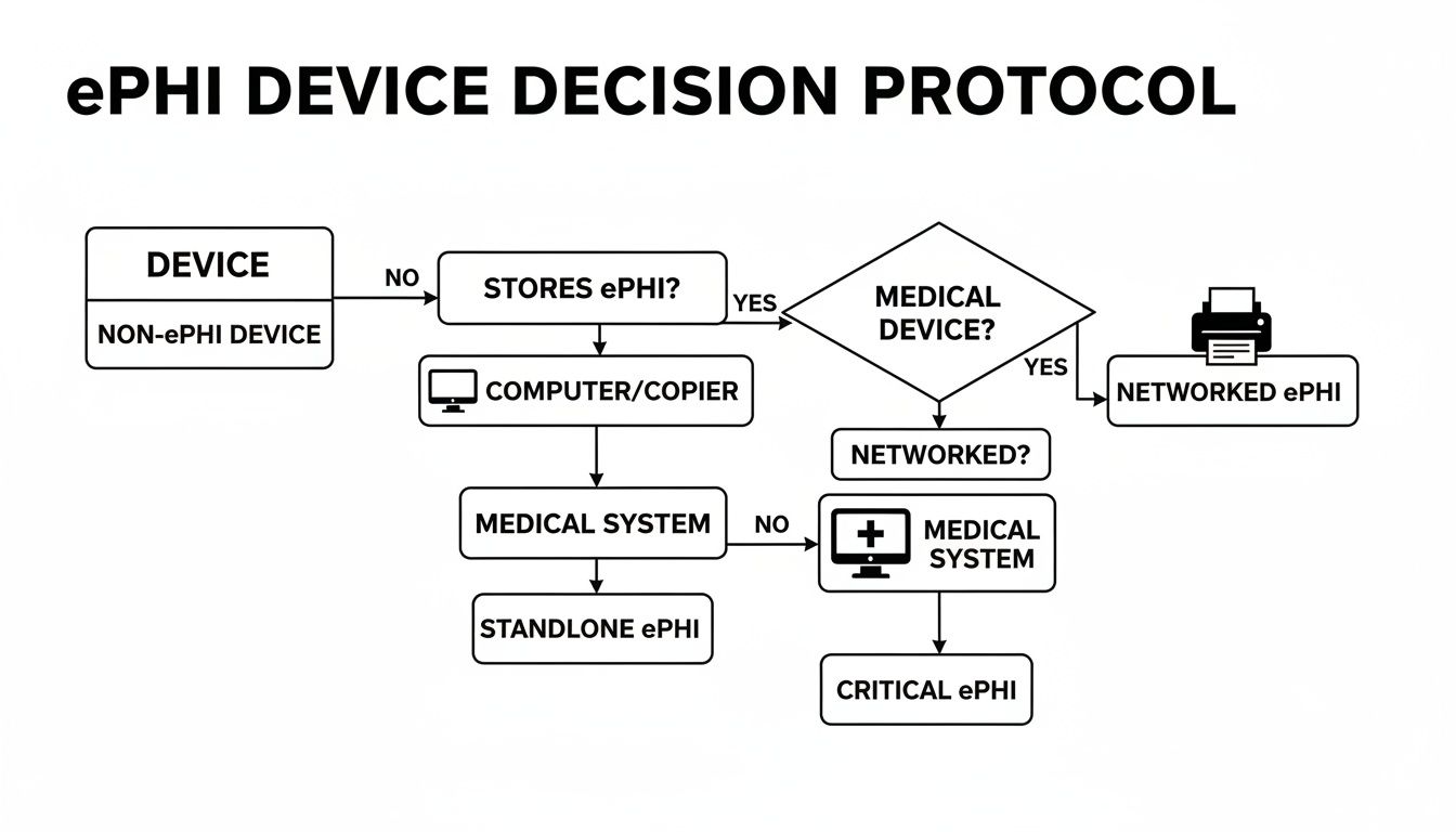 Flowchart illustrating a decision protocol for classifying devices handling electronic Protected Health Information (ePHI).