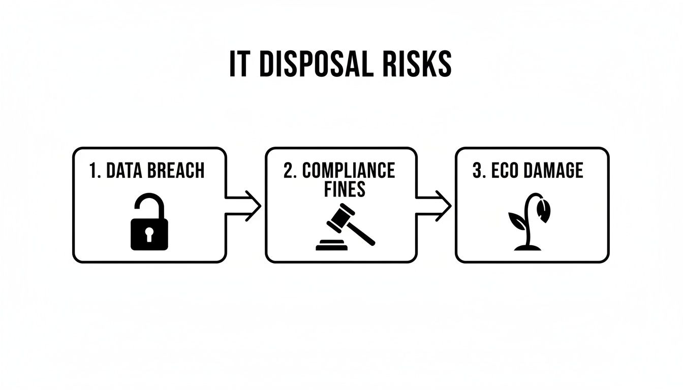 An infographic illustrating IT disposal risks: data breach, compliance fines, and eco damage with icons.