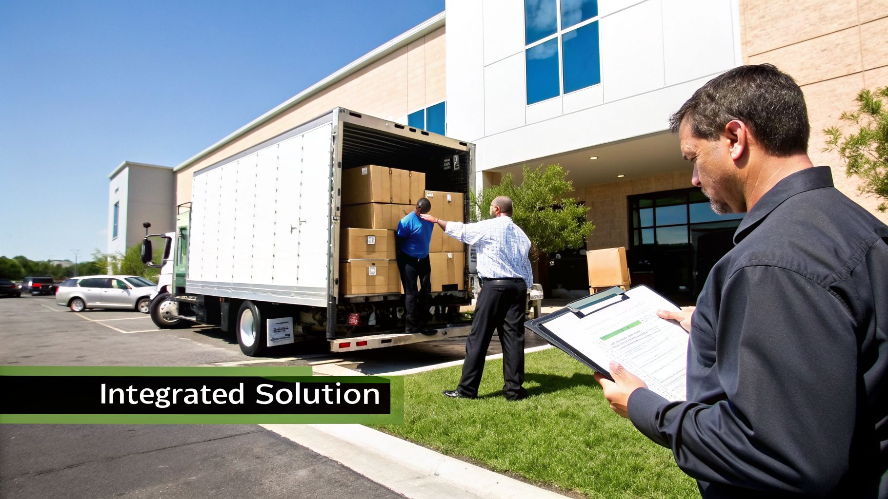 Men unload cardboard boxes from a white delivery truck while a manager reviews a checklist.