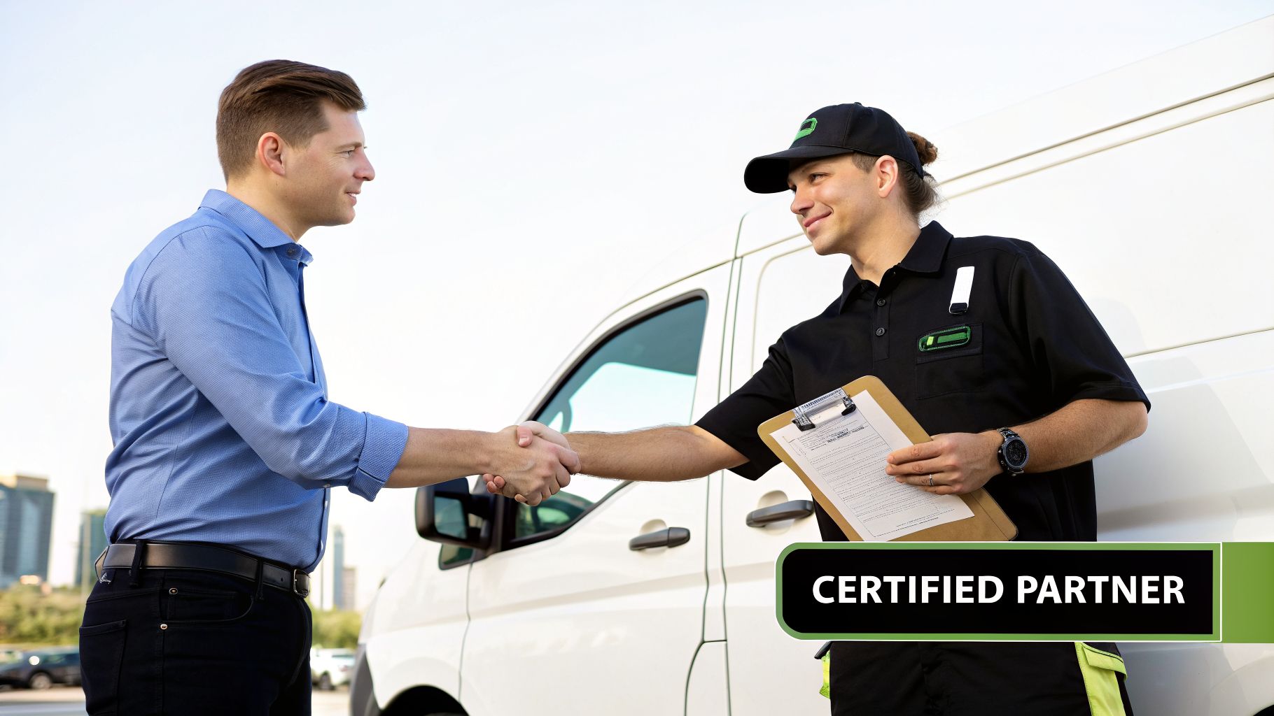 Two men, a customer and a certified service technician, shaking hands in front of a white delivery van.