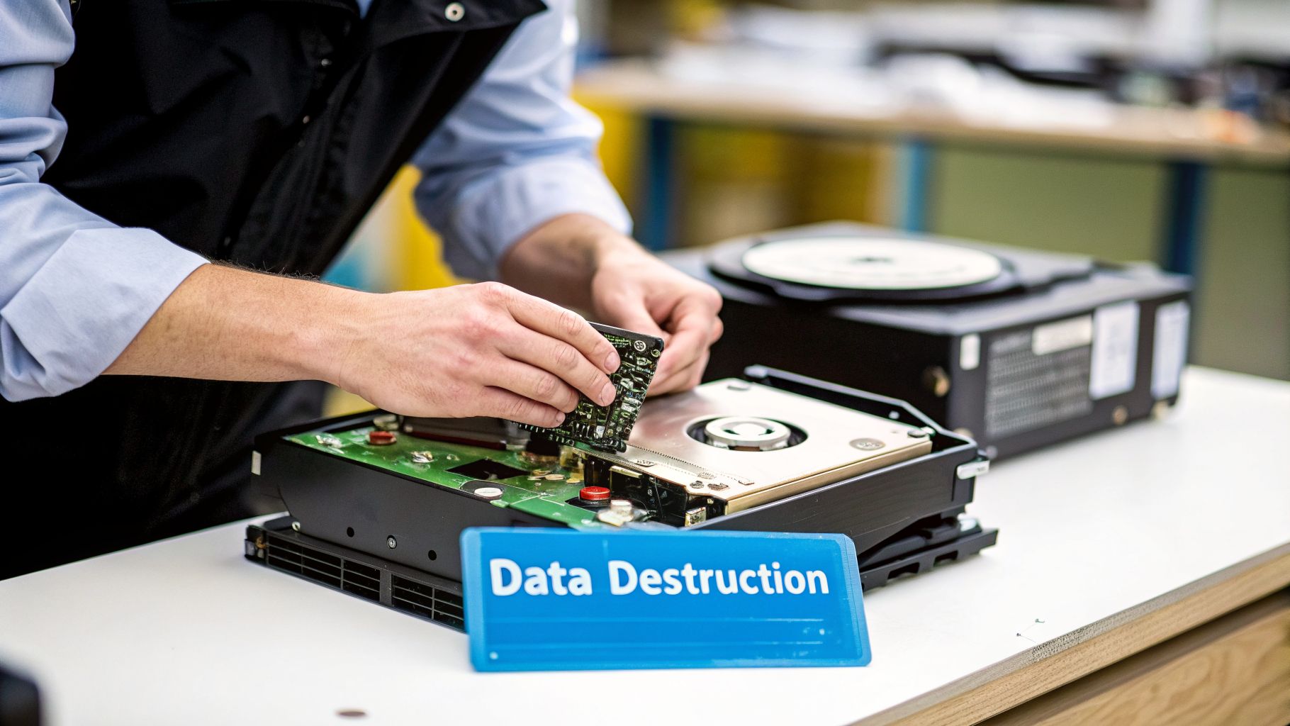 A person's hands are shown disassembling a hard drive on a table with a 'Data Destruction' sign.