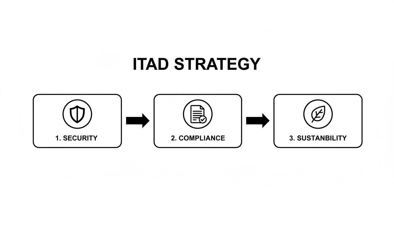 Flowchart illustrating the ITAD strategy with steps for security, compliance, and sustainability.