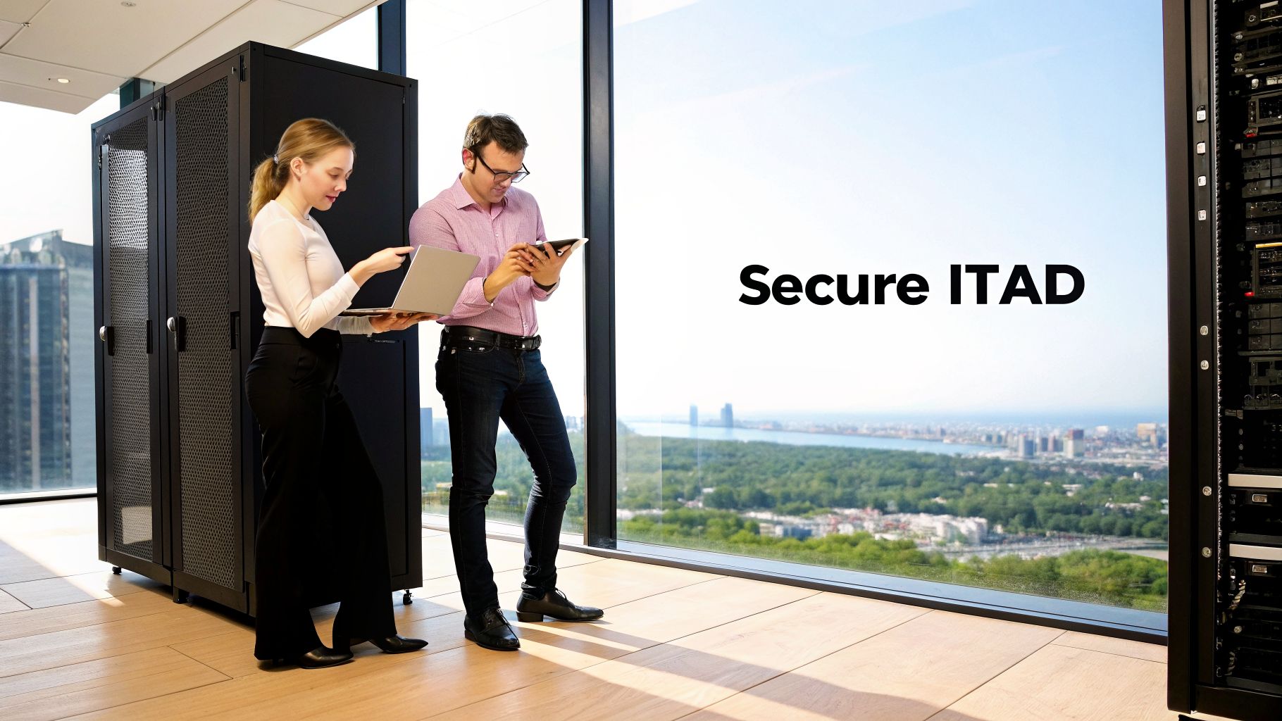 Two IT professionals managing server racks in a data center with a cityscape view, highlighting secure ITAD.