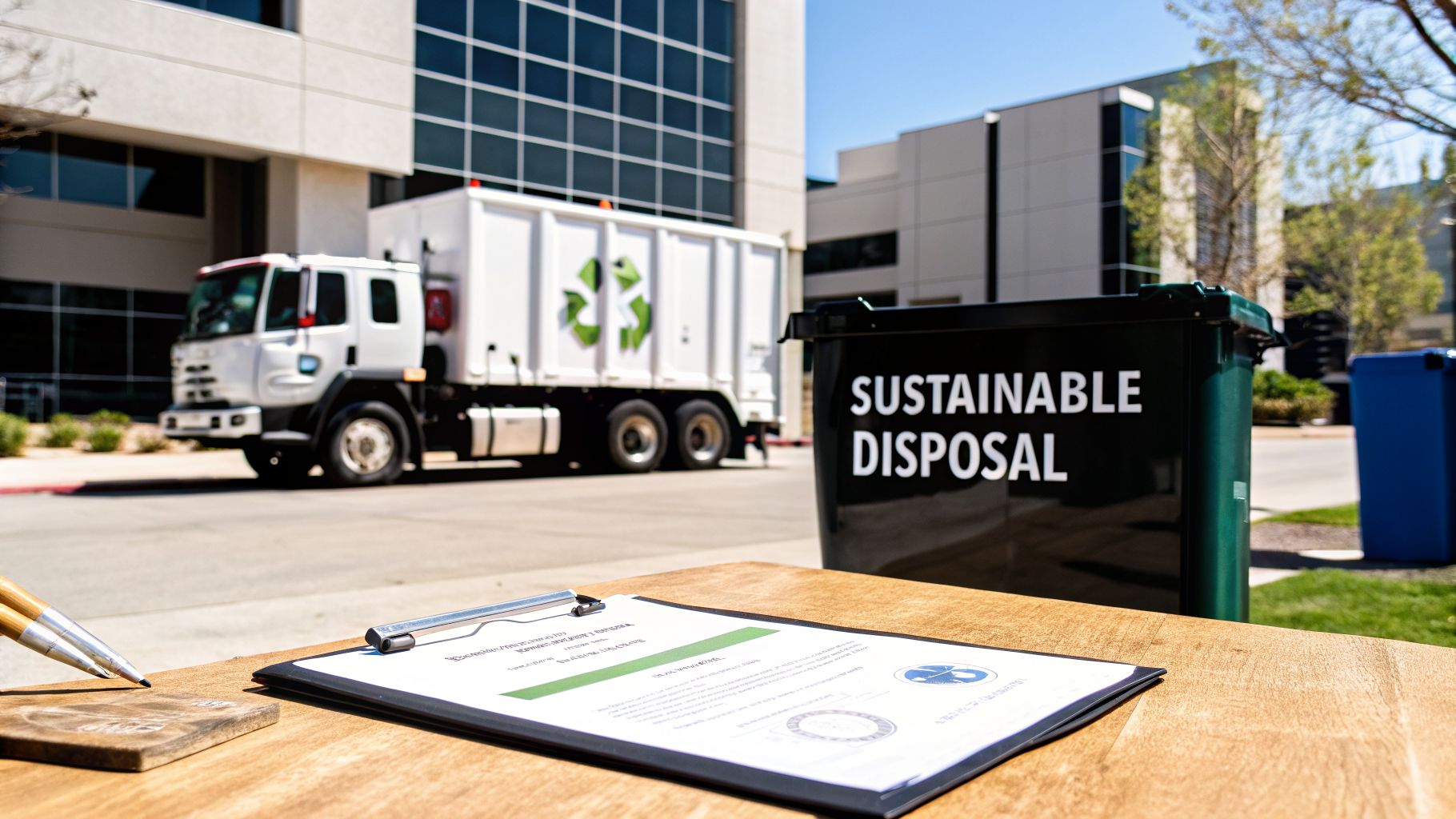 A white recycling truck, a "Sustainable Disposal" bin, and a document on a table, in front of modern buildings.