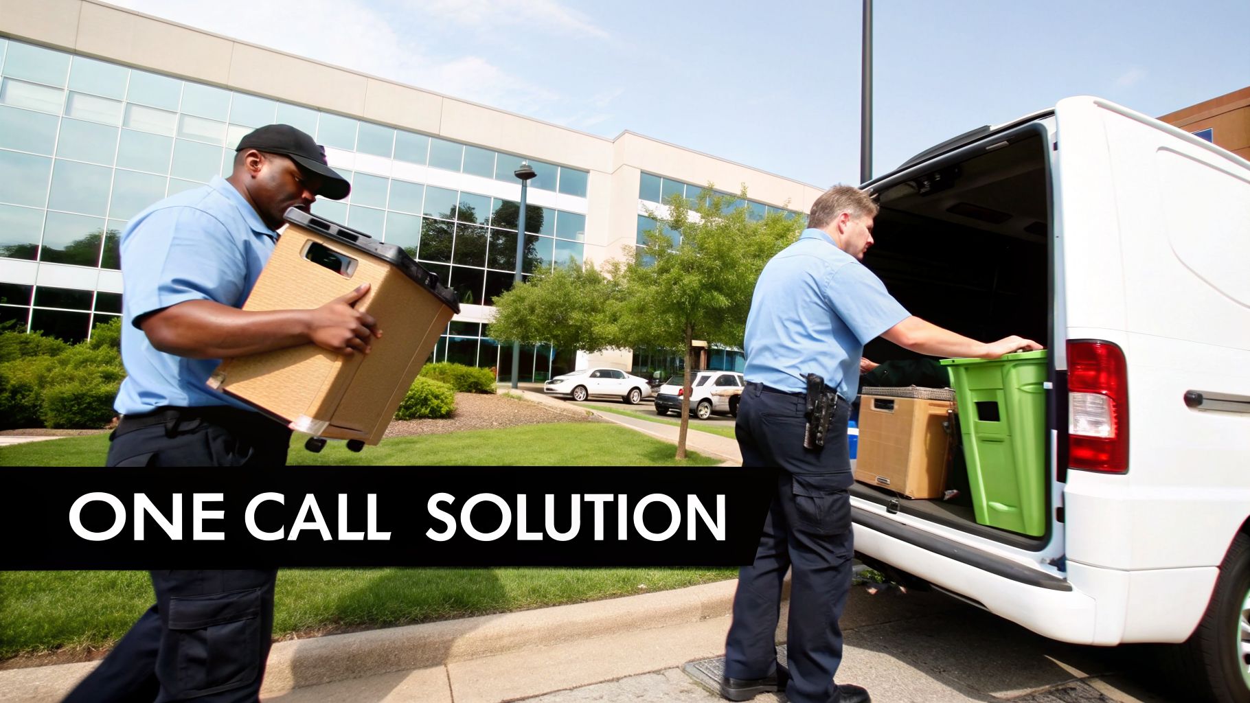 Two uniformed men loading IT assets, including boxes and a green bin, into a white van outside an office building.