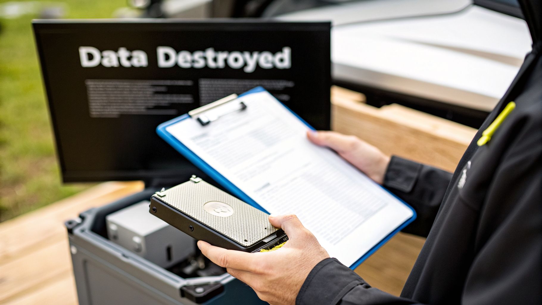 A person holding a hard drive and clipboard, with 'Data Destroyed' on a monitor.