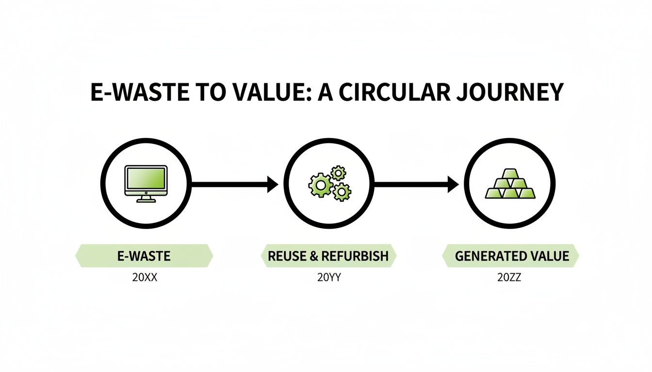 Diagram illustrating the circular journey of e-waste transforming into value through reuse and refurbishing.