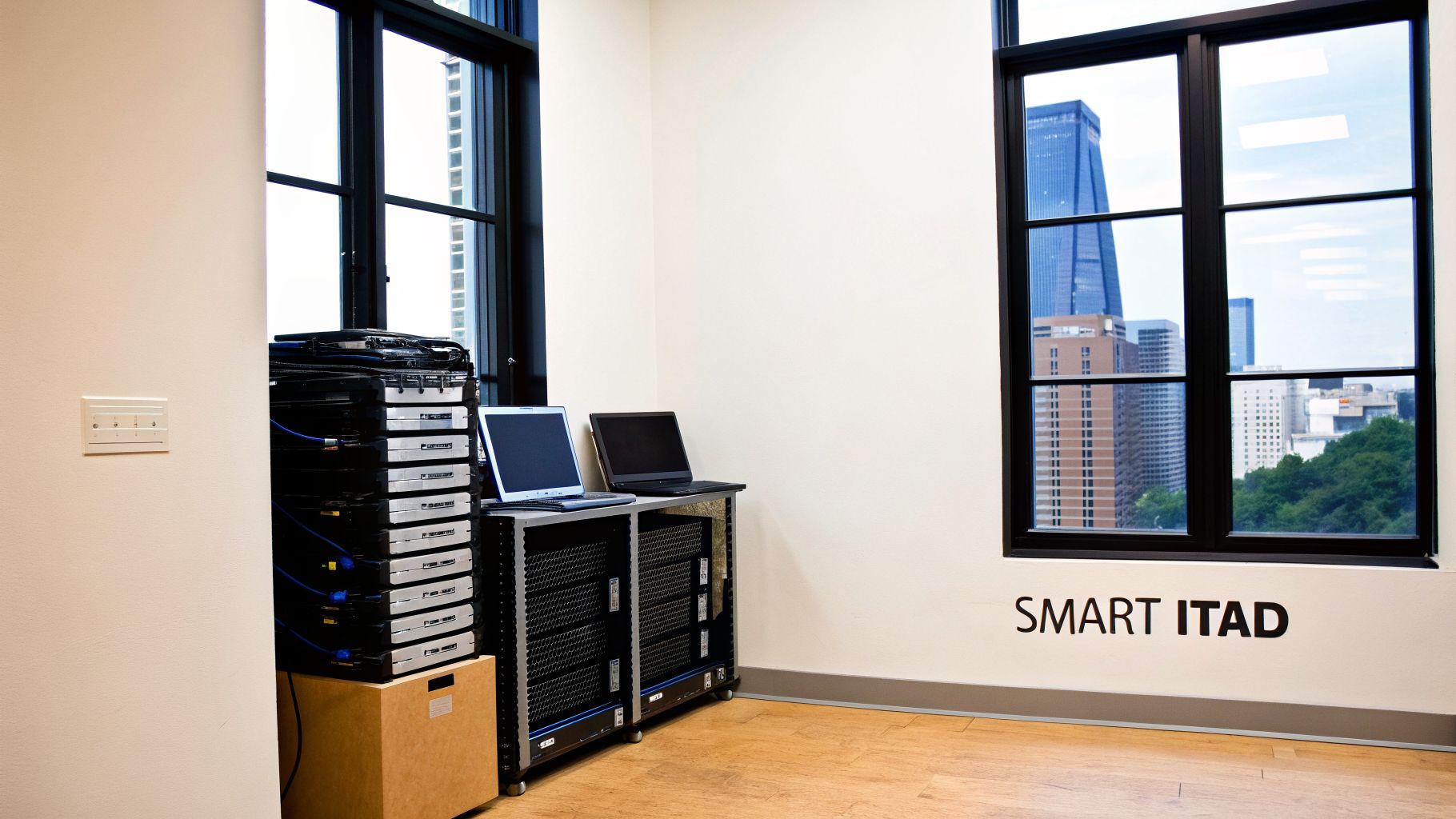Office corner with IT equipment, two laptops, and a window overlooking a city skyline.