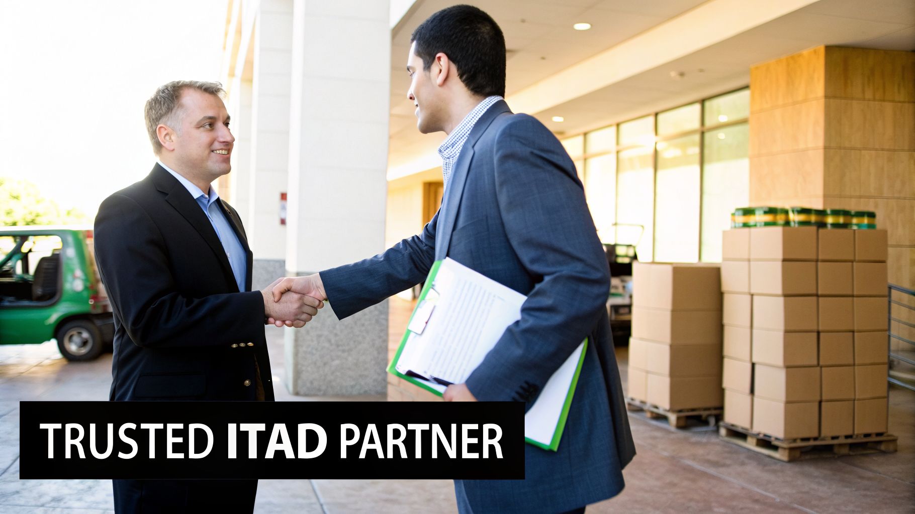 Two business partners shaking hands, symbolizing trust and collaboration for IT asset disposition.
