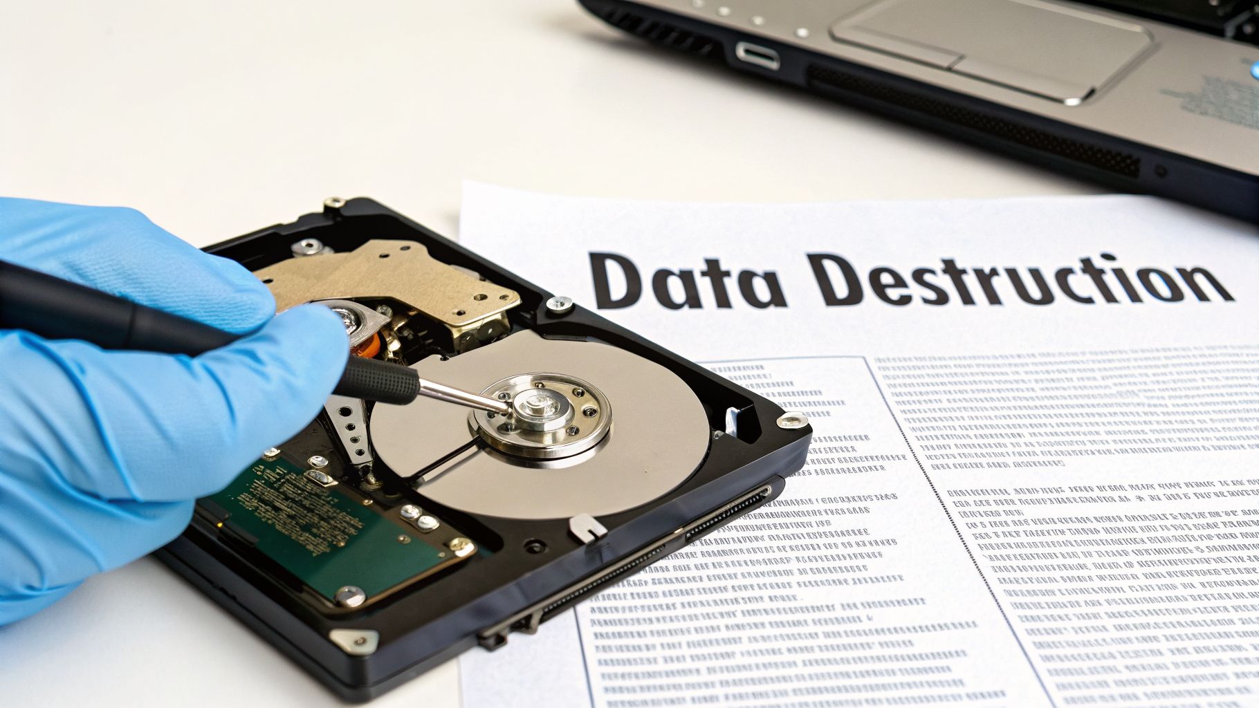 A gloved hand uses a screwdriver to dismantle an open hard drive, with 'Data Destruction' on paper.