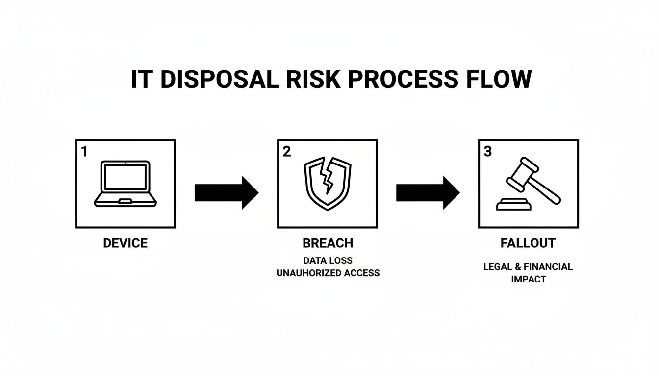 A flowchart illustrating the IT disposal risk process from device to breach, resulting in legal and financial impact.
