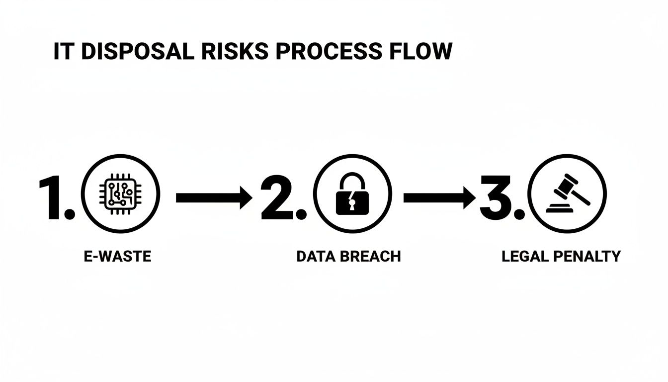 A process flow diagram titled 'IT Disposal Risks Process Flow', showing e-waste, data breach, and legal penalty.