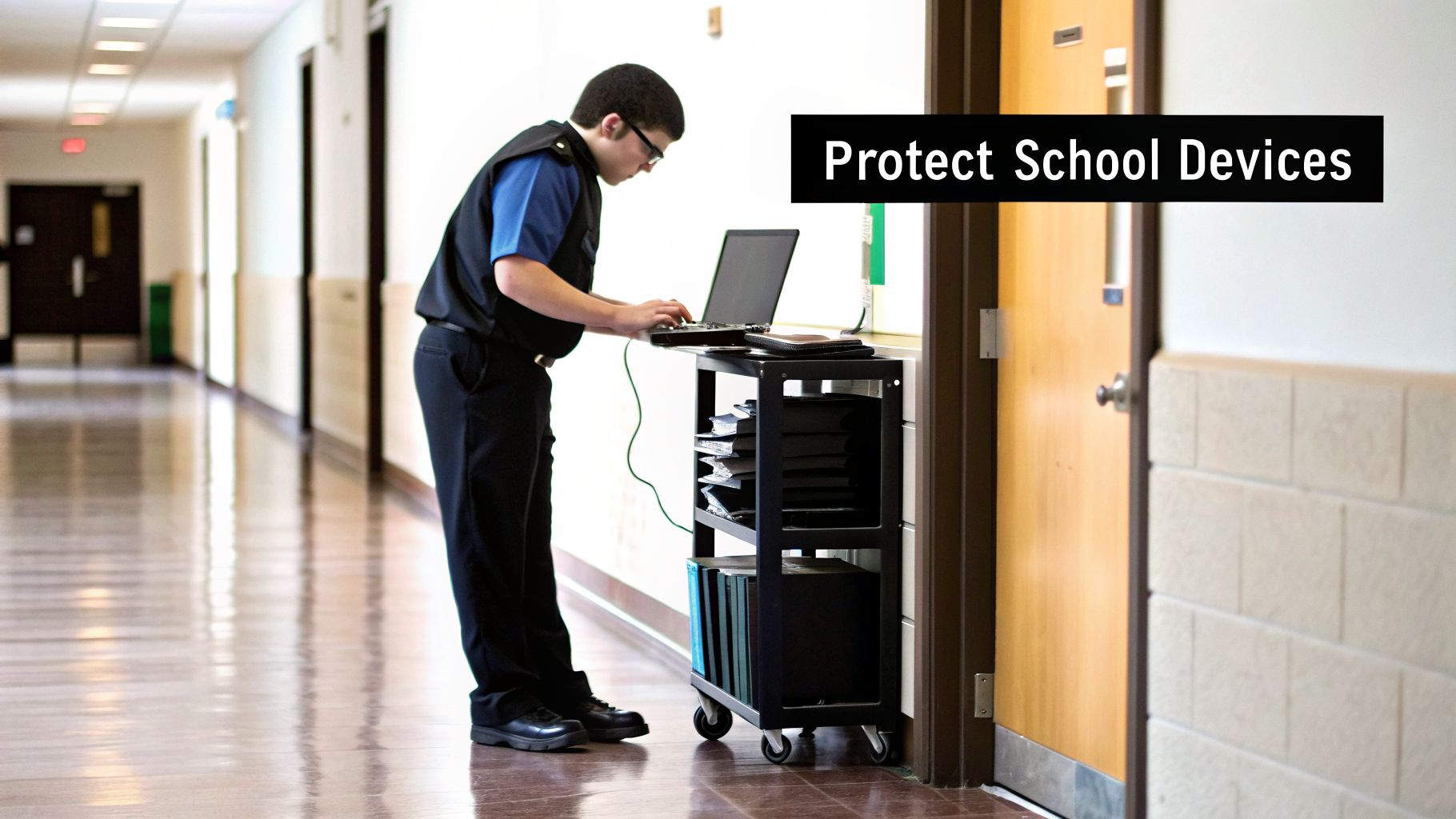 A person works on a laptop on a cart, surrounded by many school devices in a hallway.