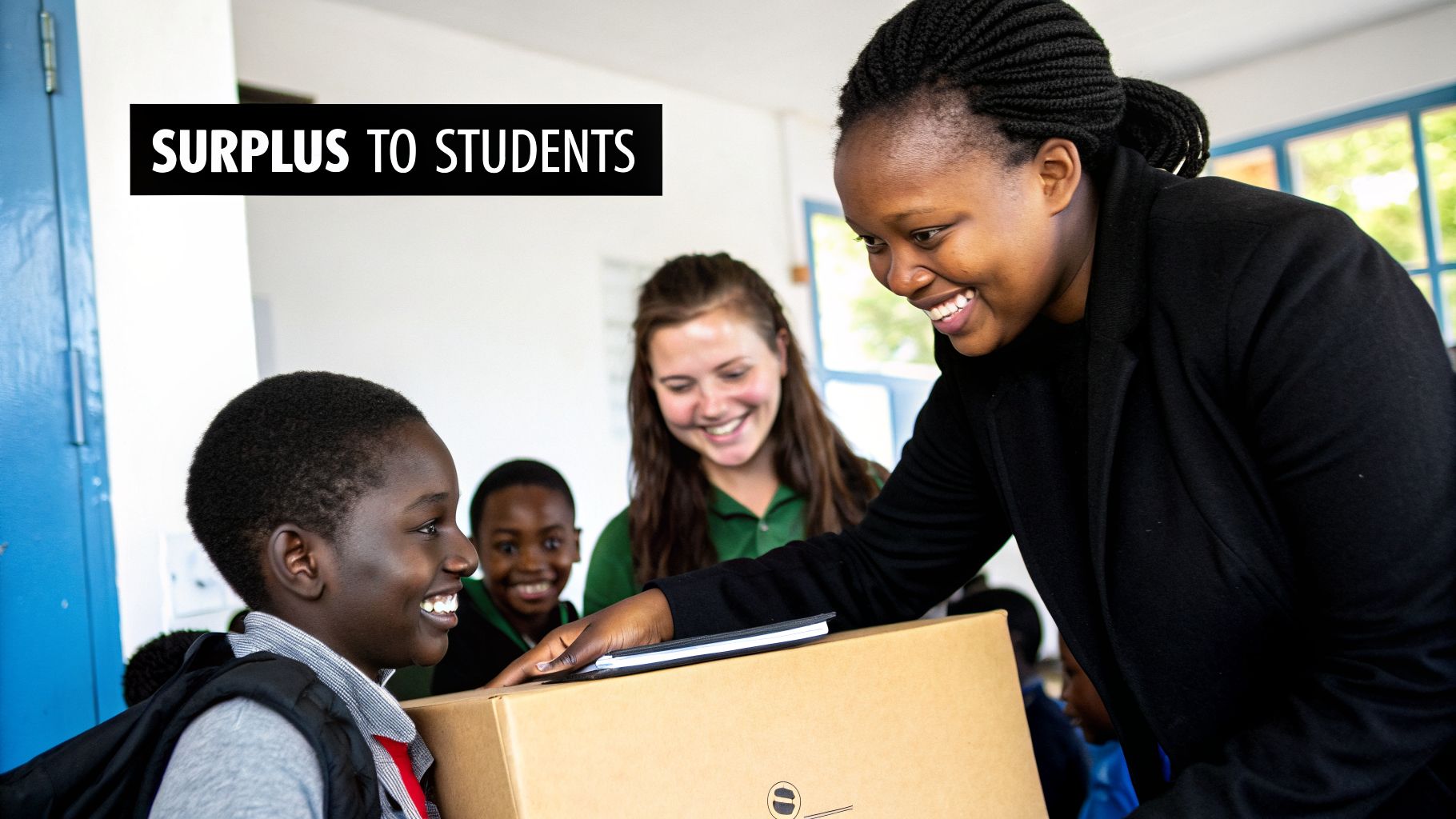 A smiling woman hands a package to a happy student, representing a surplus to students program.