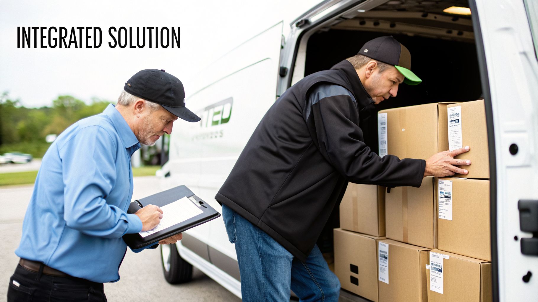 Two delivery workers manage packages in a white van, one signing a clipboard, showcasing an integrated solution.