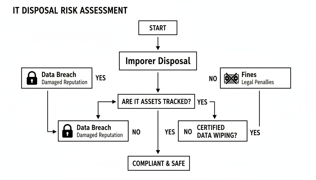 A flowchart for IT disposal risk assessment, detailing steps and potential risks like data breaches and fines.