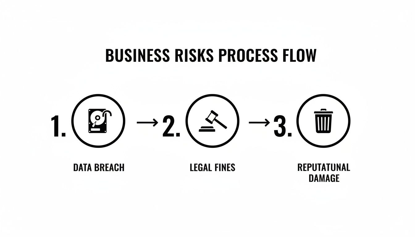 A flow chart illustrating business risks: data breach, legal fines, and reputational damage.