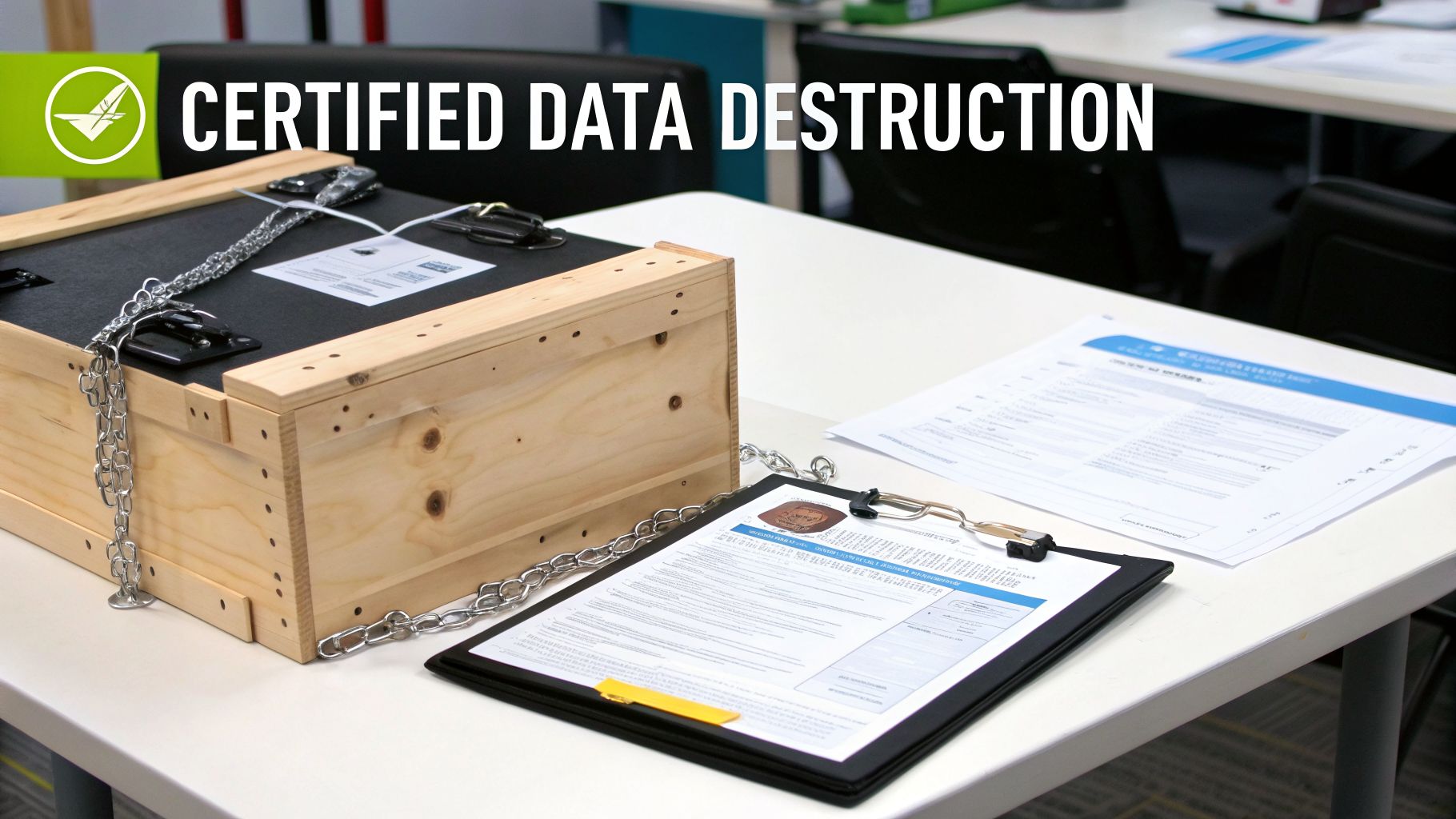 A wooden box secured with chains on a white desk, with 'Certified Data Destruction' text.