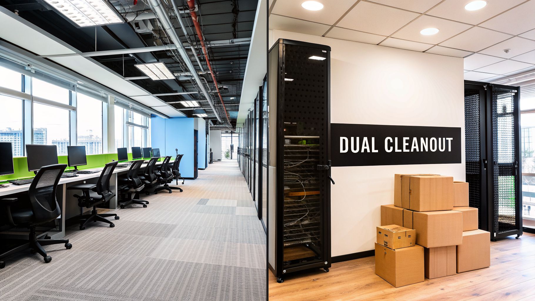 Dual image showing a modern office workspace and a cleanout area with IT equipment and boxes.