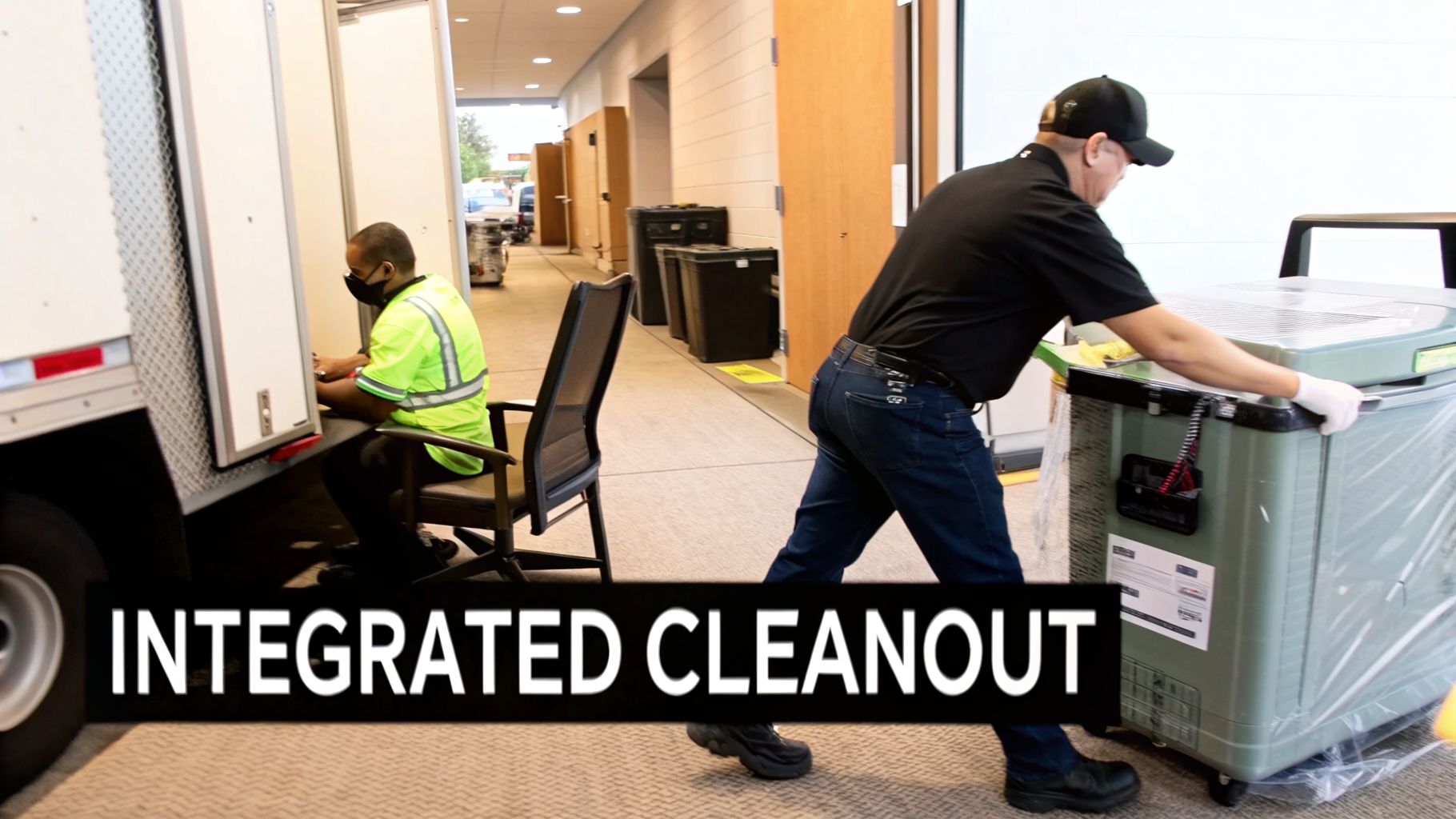 Two men performing integrated cleanout services, one sorting items near a truck, another moving a large bin.