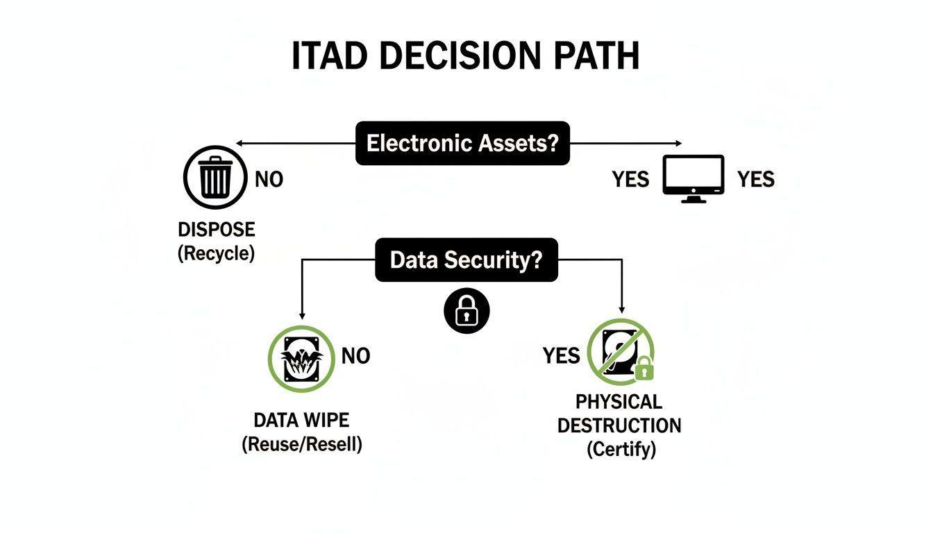 ITAD decision path flowchart showing steps for electronic asset disposal based on data security needs.