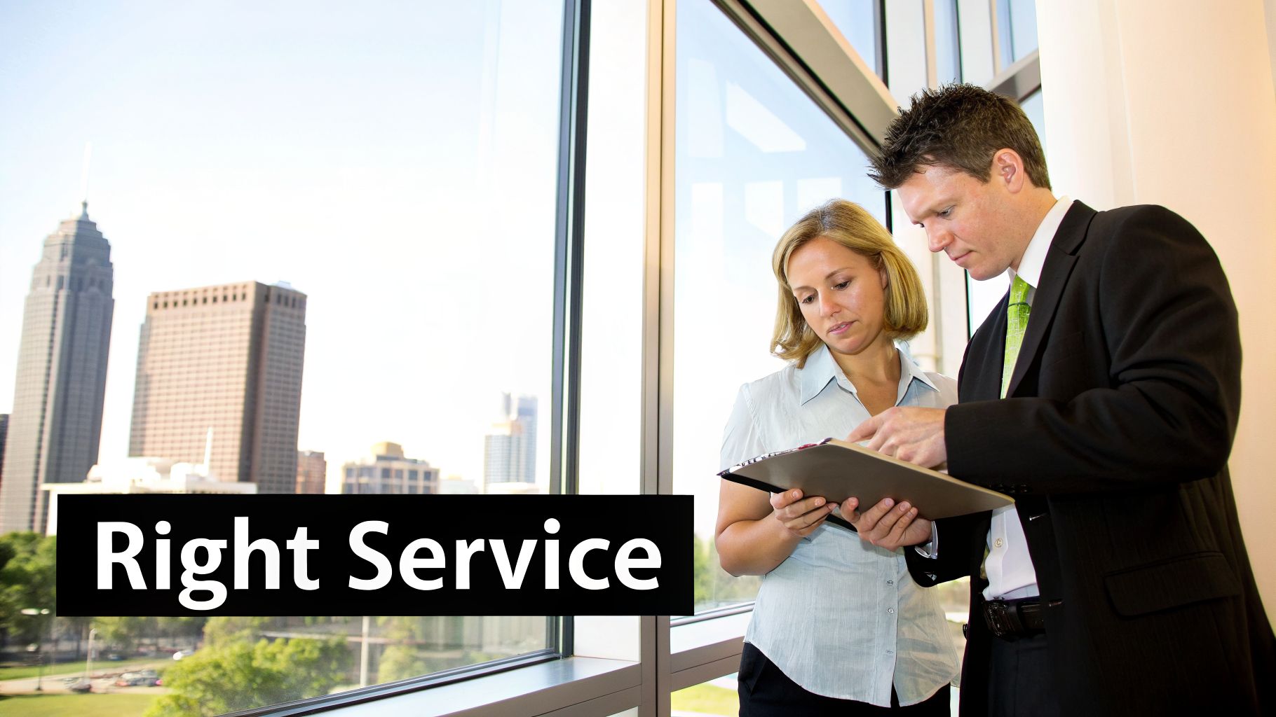 Two business professionals discuss documents by an office window overlooking a city, with text 'Right Service'.