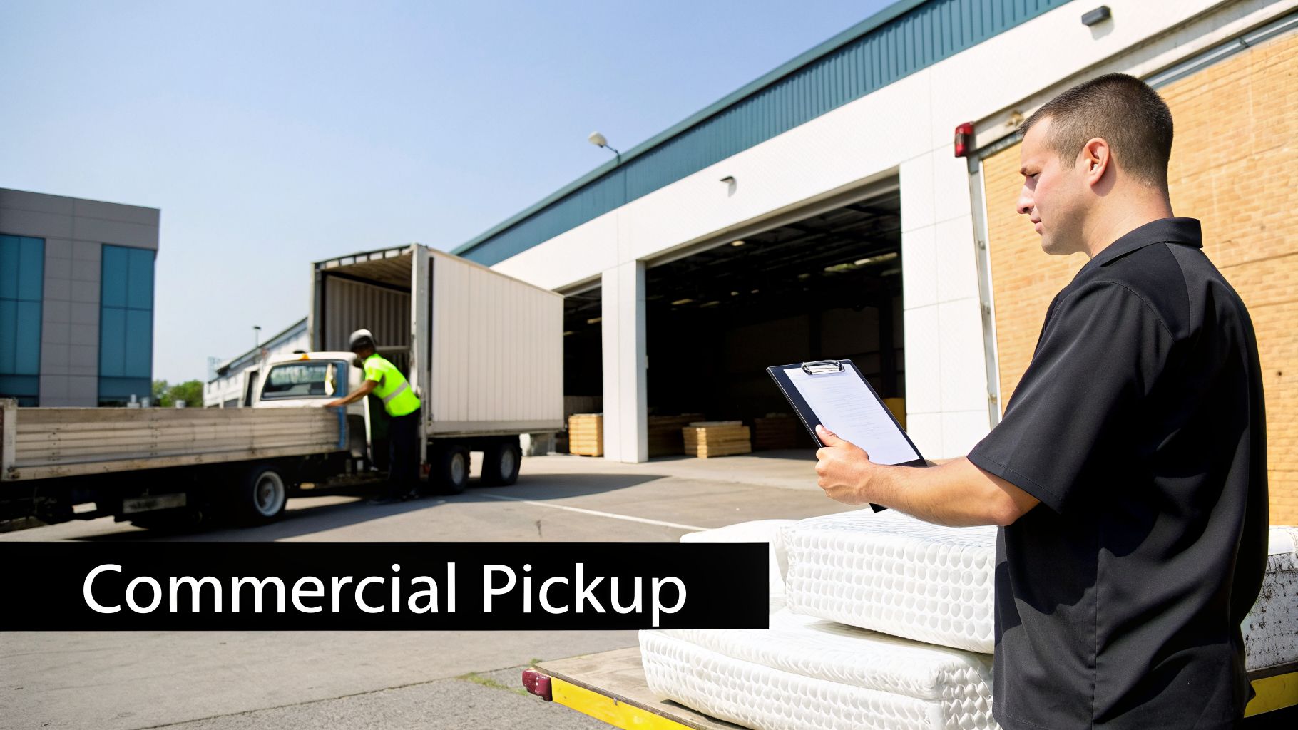 Man with clipboard oversees a commercial pickup of stacked mattresses at a busy warehouse.