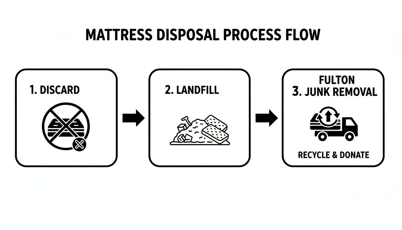 Flowchart illustrating the mattress disposal process from discarding to landfill and eventual junk removal for recycling and donation.