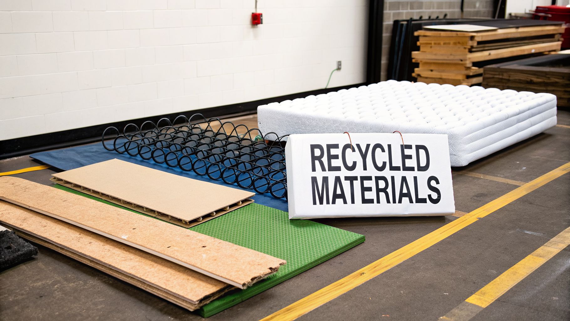 Various mattress components like springs, wood, and foam, with a 'RECYCLED MATERIALS' sign.